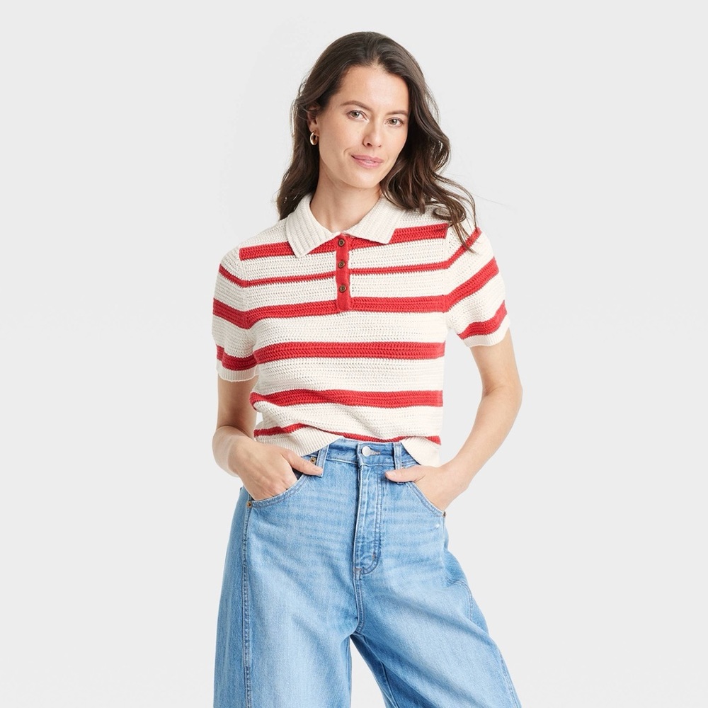 Universal Thread Knit Striped Polo Shirt Red White Cottagecore Preppy XL Women’s